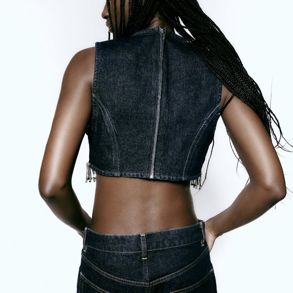 BNWT ZARA JEWEL DENIM TOP DARK INDIGO CROP TOP - REF. 7227/240 SMALL - Picture 4 of 8